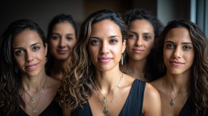 Obraz premium Five women with varying hairstyles and accessories stand together, showcasing their unique beauty. They share a moment of connection, embodying strength and empowerment in their expressions.