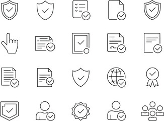 Verification and Security Icon Set &ndash; 20 Line Icons Featuring Checkmarks for Approval, Certification, and Digital Validation