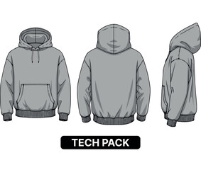 Hoodie tech pack vector illustration. Flat sketch of a sweatshirt from front, back, and side views.