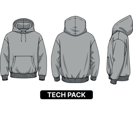 Hoodie tech pack vector illustration. Flat sketch of a sweatshirt from front, back, and side views.