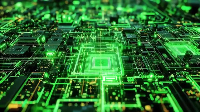 Futuristic digital circuit board with glowing green electronic components and intricate connection pathways showcasing advanced technology and vibrant electronic microchip design