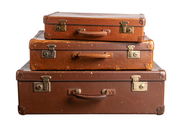Set of Three Vintage Leather Suitcases with Metal Clasps, isolated on a transparent background