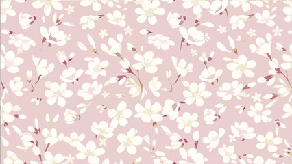 Obraz premium Delicate blossom pattern with white flowers and subtle foliage on a pastel pink background design theme