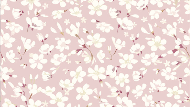 Delicate blossom pattern with white flowers and subtle foliage on a pastel pink background design theme