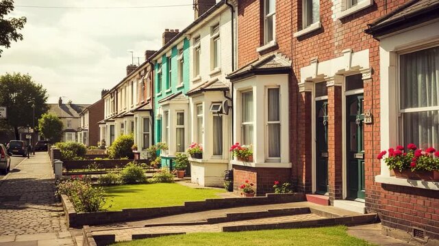 Charming row of traditional British terraced houses with bay windows and green front gardens on a sunny day, showcasing classic residential architecture.