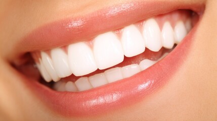 A smiling person with open mouth showing white, even, healthy teeth and natural pink lips, exuding happiness,