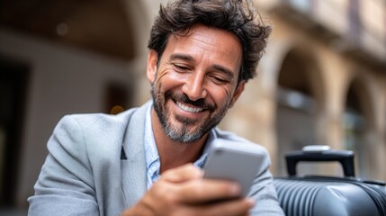 Obraz premium A businessman with dark curly hair smiles as he looks at his smartphone while seated next to a suitcase in a bustling city environment under natural lighting.