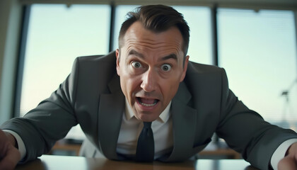 Businessman in gray suit leaning forward with intense facial expression in modern office environment representing urgency pressure and corporate stress