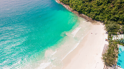 Aerial view beautiful Karon noi Beach in Phuket Thailand, Landscape of patong city phuket in sunny summer day time, Beautiful tropical sea,High angle view Sea beach Sunset in the evening