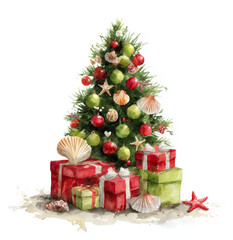 Watercolor painted, Christmas tree with red and green Christmas balls, sea shells, and starfish. Red and green presents stacked in front of the tree, on a white background