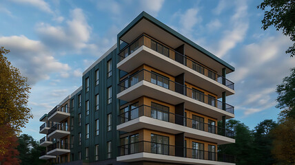 Obraz premium Modern residential building with balconies against a dramatic cloudy sky and surrounding trees