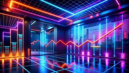 Photo of futuristic room interior with neon lights and a rising graph, representing digital data and business growth