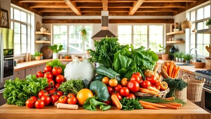 A bountiful harvest of fresh vegetables and fruits displayed on a kitchen countertop with natural light