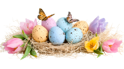 Easter eggs tulips and butterflies in nest isolated on transparent background