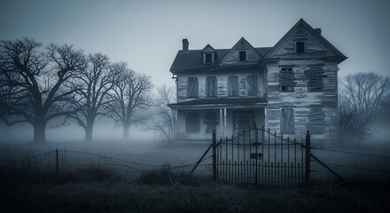 Abandoned Farmhouse in a Foggy, Gloomy Landscape