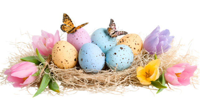 Easter eggs tulips and butterflies in nest isolated on transparent background