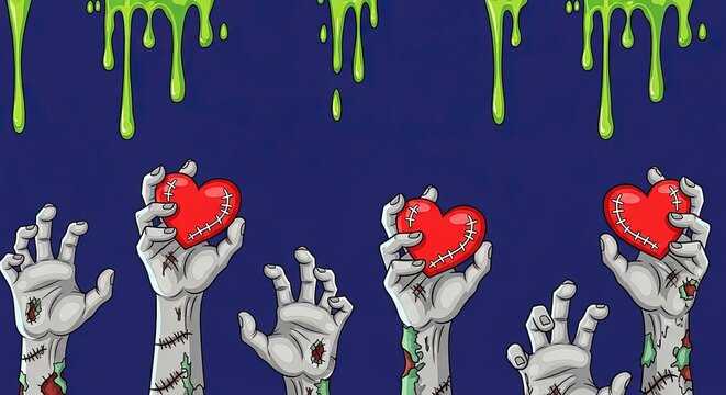 Zombie hands reach for stitched hearts under dripping green ooze against a dark blue background