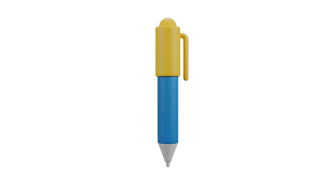 A yellow and blue pen with a white tip on a transparent background