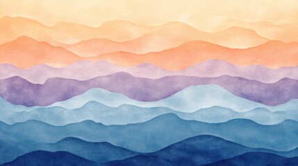 Abstract watercolor mountain range landscape with sunset colors.
