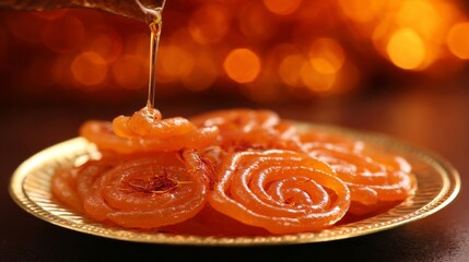 A golden plate holds intricately swirled orange sweets, possibly jalebi, garnished with saffron threads,