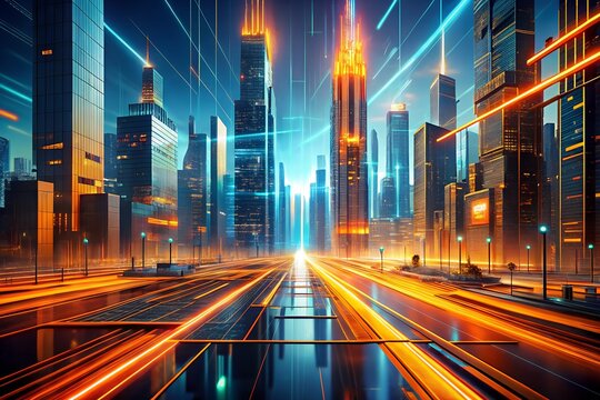 Photo of futuristic city skyline at night with neon lights and glowing streaks, symbolizing technology, speed, and urban energy