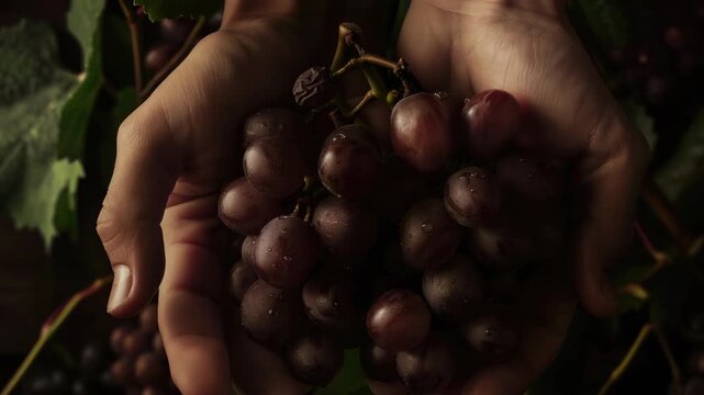 A hand holding a bunch of grapes. The grapes are purple and are in the palm of the hand