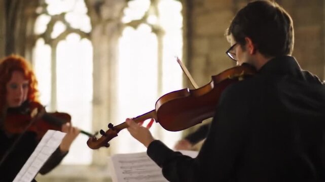 Elegant String Quartet Performing in Sunlit Room with Soft-Focus Ambiance