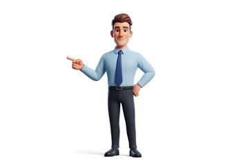 3D illustration of smiling businessman in blue shirt and tie pointing to the side representing guidance direction and corporate presentation concept
