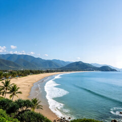 Fototapeta premium A tropical beach with crystal clear blue waters, white sand, and lush vegetation. The background features rolling hills and a clear blue sky.