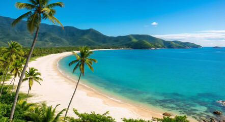 Fototapeta premium A tropical beach with crystal clear blue waters, white sand, and lush vegetation. The background features rolling hills and a clear blue sky.