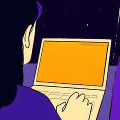 Woman Using Laptop at Night, Warm Screen Glow