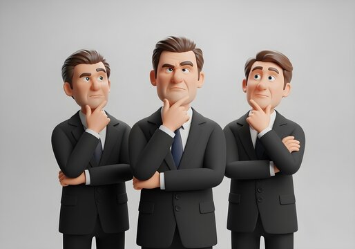 3D illustration of three businessmen in black suits thinking with hand on chin representing planning decision making and corporate strategy in workplace