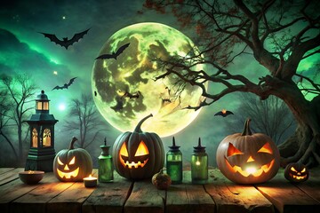 Photo of spooky halloween night scene with glowing jackolanterns, bats, and a large full moon with green aurora
