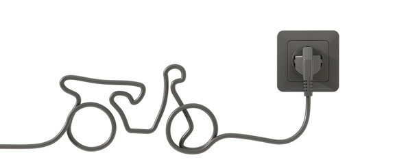 Electric moped silhouette created from black cable with plug and charging outlet. Clean electric transport concept. Isolated on a transparent background. 3D illustration.