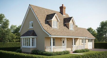 Charming Cottage Style House Exterior with Landscaped Garden and Shingled Roof in Suburban Neighborhood on a Sunny Day