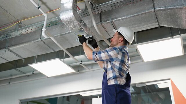 Electrician installing ventilation system in building