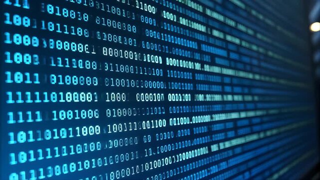 Blue binary code flows down a computer screen, representing a digital technology concept of data and communication