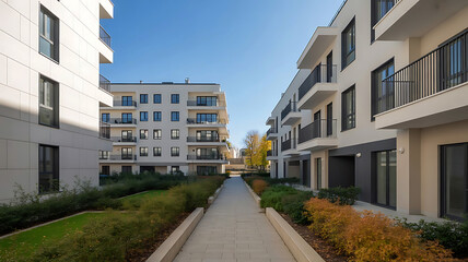 Modern apartment buildings with balconies and green landscaping lining a pathway under a clear blue sky
