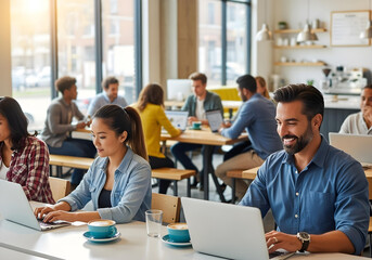 People working on laptops in a modern coffee shop with natural light wooden tables and coffee cups creating a relaxed and productive work environment