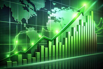 Photo of green financial stock market growth chart with upward arrow and world map background