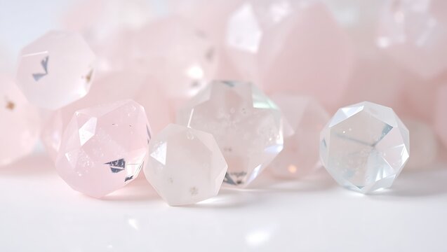 A soft focus view of faceted pink and clear beads scattered on a white surface in a close up shot