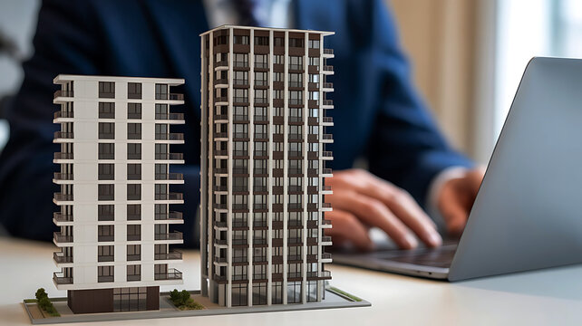 Architect or real estate professional working on laptop next to building models for urban planning