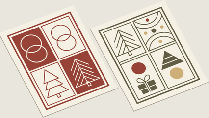 Abstract Christmas Cards with Geometric Shapes and Festive Designs.