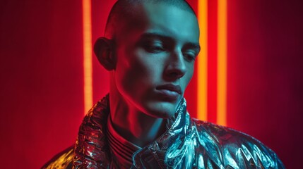 Close-up of person in metallic jacket with neon red background