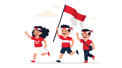 Group of patriotic children running with the Indonesian flag during a national celebration