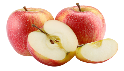 Fresh red apples and slices isolated on transparent background