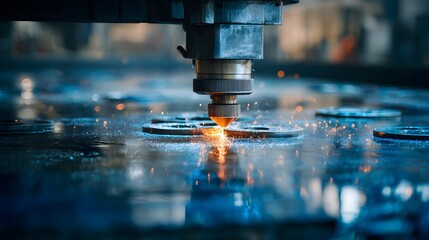 Industrial metal cutting machine in action.