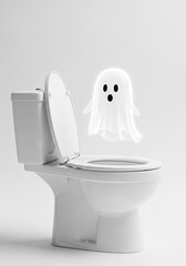 A white toilet with the lid open and a cartoonish white ghost floats above the toilet seat