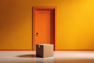 Fototapeta premium A simple orange room with a cardboard box in front of a door