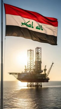Allahu Akbar, the flag of Iraq waving over an offshore oil rig. Concept of Iraqi petroleum industry, energy production, and national economy at sunset.